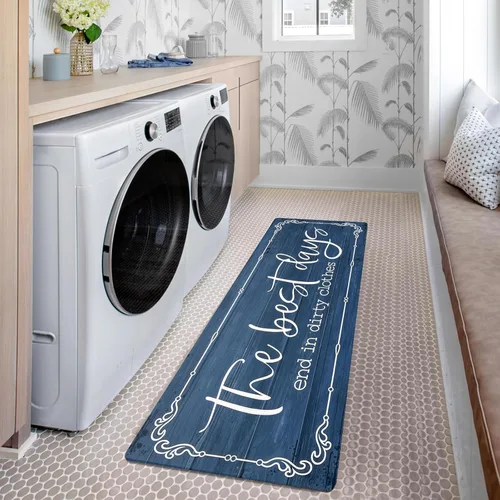 Miniatura 7 de KOZYFLY Alfombra antideslizante para cuarto de lavado, de 20 x 60 pulgadas, lavable, impermeable, para decoración de granja, 1.7 x 5 pies, azul Azul