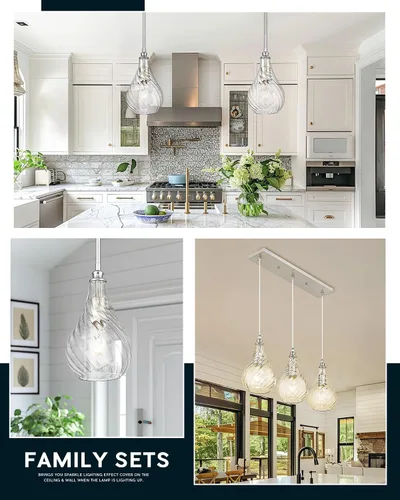 Miniatura 7 de TENGXIN Lámpara colgante de 3 luces para islas de cocina, níquel cepillado de 6 pulgadas con vidrio a rayas, estilo granja, ideal para comedores
