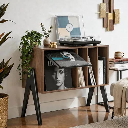 Miniatura 7 de Soporte para tocadiscos con almacenamiento de vinilo y pantalla abatible, soporte giratorio moderno de mediados de siglo, gabinete de almacenamiento