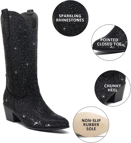 Miniatura 2 de RKQ Rhinestone Cowboy Boots for Women Wide Calf Sparkle Western Cowgirl Boots Vintage Pointed Toe Pull-UP Tabs Block Stacked Heel 5cm Wedding Party