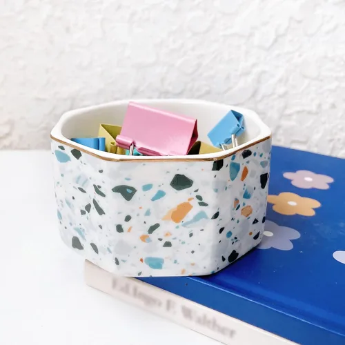 Miniatura 2 de Portaclips de Cerámica con Línea Dorada Dispensador Organizador de Clips para Escritorio Lindo Patrón de Mármol Terrazo Portaclips de Oficina