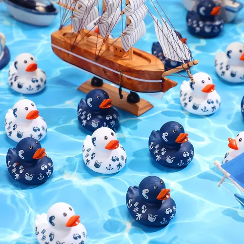 Miniatura 4 de Jerify 24 Piezas Patos de Crucero de 2 Pulgadas para Ocultar Mini Patos de Goma de Barco de Crucero Azules y Blancos Juguetes de Baño a Granel