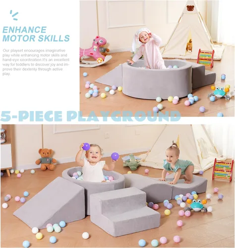 Miniatura 5 de Elftopia Bloques de Escalada de Espuma con Fosa de Pelotas Diseñados para Niños Pequeños de 1 a 3 Años - Excelente para Gatear en Interiores, gris-5