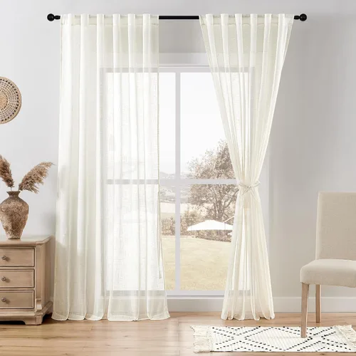 Miniatura 10 de DWCN Cortinas traslúcidas de lino floral, bolsillo para barra y pestaña trasera, cortina de mezcla de lino para dormitorio, sala de estar, cortinas