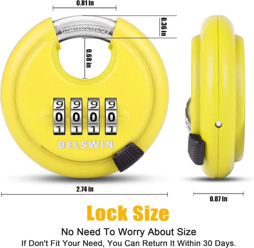 Miniatura 4 de DELSWIN Candado de disco de combinación de 4 dígitos con grillete de acero endurecido Combo Lock para cobertizos, unidad de almacenamiento, Amarillo