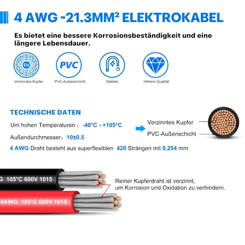 Miniatura 3 de Cable eléctrico 4 AWG calibre 4 UL1015, longitud de 19.7 pies (9.84 pies negro y 9.84 pies rojo), cable de cobre estañado, adecuado para sistemas