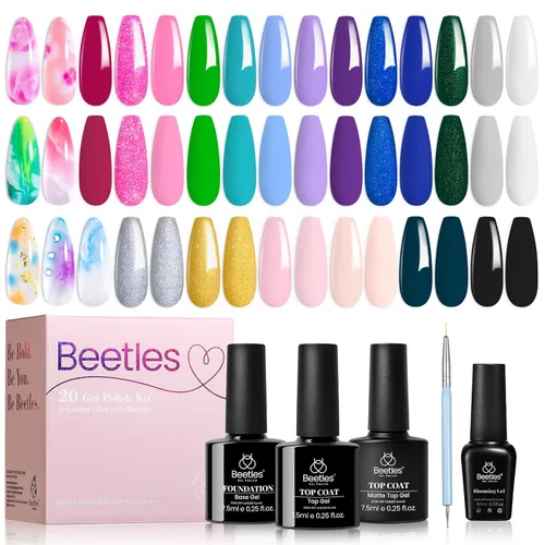 Miniatura 27 de beetles Gel Polish Juego de esmaltes de uñas de gel de 16 colores, blanco, marrón oscuro, rosa, colores nude, esmalte de uñas natural con 3 piezas