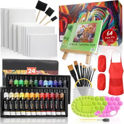 Kit de Pintura Acrílica Colorful | Juego de Pintura para Niños de 64 Piezas con Caballete de Nogal, Pintura Acrílica de 24 Colores, Lienzo, Paleta,