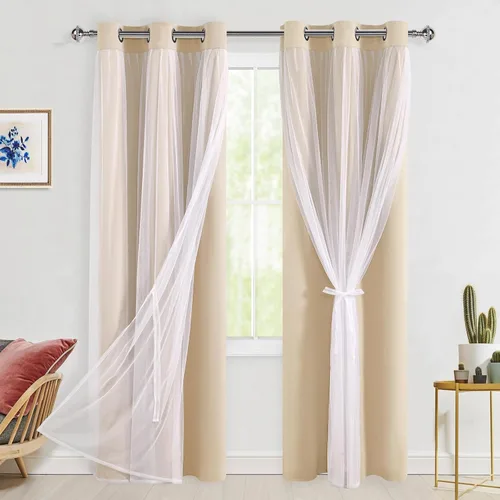 Hiasan Cortinas opacas con superposición transparente, aislamiento térmico para mezclar y combinar de doble capa, cortinas de oscurecimiento de Beige