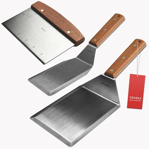 Juego de espátulas de metal de acero inoxidable para plancha, espátula raspadora para parrilla para BBQ/parrilla superior plana, mango de espiga