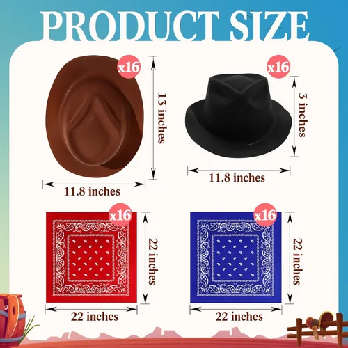 Miniatura 2 de Hillban 72 piezas de sombrero de vaquero occidental y set de bandana de paisley para niños, sombreros de fiesta de vaquero de fieltro para marrón