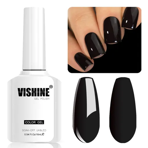 Vishine Esmalte de uñas de gel negro, 0.6 onzas líquidas, esmalte de gel semipermanente, lámpara UV LED, cura, arte de uñas, manicura en casa, negro