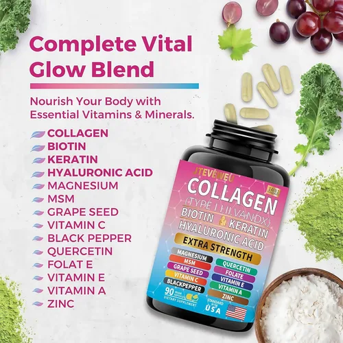 Miniatura 7 de Suplemento de colágeno - Tipos I, II, III, V y X, MCG Biotina, queratina, ácido hialurónico, zinc, extracto de semilla de uva, quercetina, vitamina