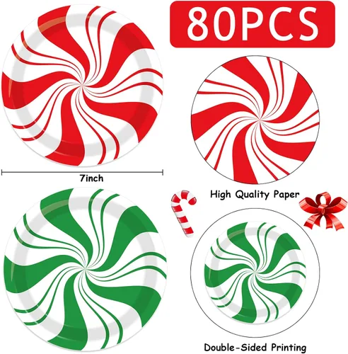 Miniatura 2 de 80 piezas de platos de papel de Navidad de menta de 7 pulgadas, platos desechables de postre de Navidad, dulce de menta, feliz año nuevo