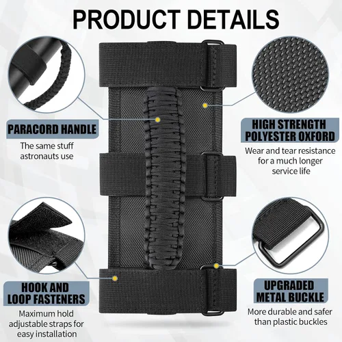 Miniatura 5 de moveland Paquete de 2 asas de agarre de barra antivuelco, asas de agarre de paracord negro para Jeep Wrangler JL, JK, TJ, YJ y Jeep Gladiator