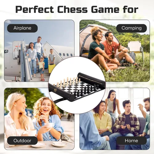 Miniatura 6 de Juego de ajedrez enrollable, tapete de ajedrez plegable de cuero de 11 pulgadas con piezas de ajedrez de madera, juego de ajedrez de viaje portátil