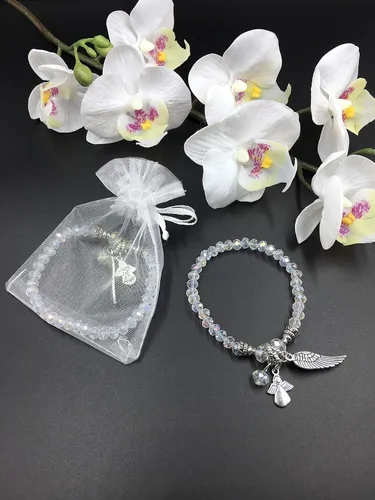 Miniatura 2 de Pulsera de plata con cruz de ala de ángel, 12 unidades, con bolsas de organza para niño y niña, recuerdo de bautizo, recuerdo de bautizo, 12