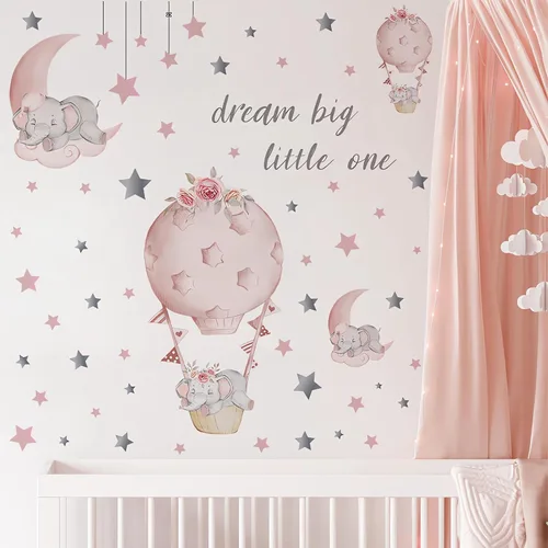 Adhesivo de pared grande con diseño de elefante y elefante rosa durmiendo, sacinora Moon and Stars, vinilo extraíble para niños, guardería,