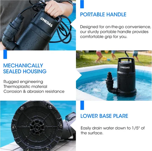 Miniatura 4 de MEDAS Bomba de sumidero portátil para piscina, estanque de jardín, eliminación de agua en el sótano con cable de alimentación de 10 pies 1HP