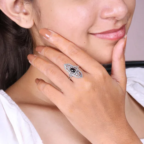 Miniatura 2 de Anillo ovalado de plata esterlina 925 con ónix negro y turquesa de 0.197 x 0.276 in, anillos de filigrana para mujer