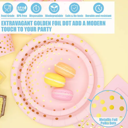 Miniatura 3 de Suministros de fiesta rosa y dorado, juego de vajilla desechable de 350 piezas con platos de papel rosa, servilletas, vasos, juego de cubiertos
