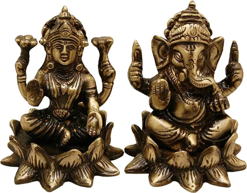 Miniatura 5 de eSplanade Set de ídolo Laxmi Ganesh de latón de 3" en loto