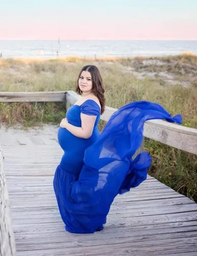 Miniatura 4 de Vestido de gasa de maternidad con hombros descubiertos para accesorios de fotos, vestido largo de fotografía para sesión de fotos