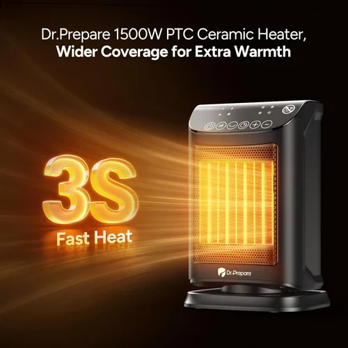 Miniatura 3 de DR.PREPARE Calentador de espacio pequeño de 1500 W para uso en interiores, calentador eléctrico de cerámica PTC portátil con termostato, oscilación