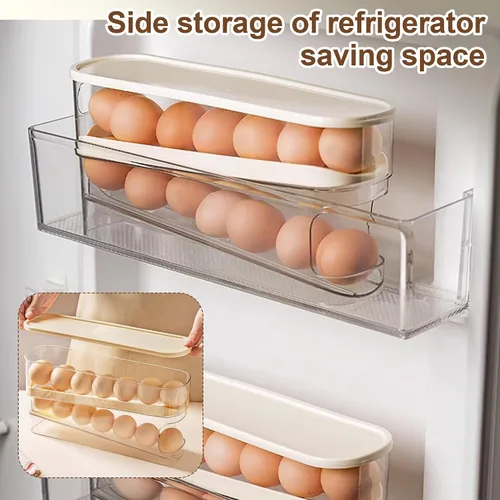Miniatura 6 de Soporte para huevos para nevera, organizador de huevos para refrigerador de desplazamiento automático para huevos, dispensador rodante, contenedor 1