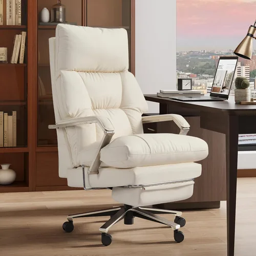 OKUP M76 - Silla de oficina ejecutiva reclinable de 160° con reposapiés, silla de oficina de cuero con profundidad de asiento ajustable, cojín Crema