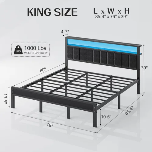 Miniatura 2 de OLEVS Base de cama King con estación de carga y luces LED, cama de plataforma moderna con cabecera de almacenamiento tapizada, no necesita somier