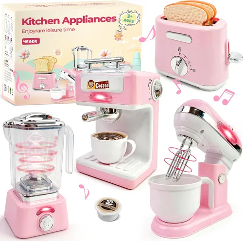 Accesorios de Cocina de Juguete, Electrodomésticos de Cocina de Juguete con Cafetera, Batidora, Tostadora y Licuadora, Set de Juego de Cocina para