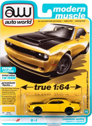 2018 Dodge Challenger SRT Demon Yellow Jacket & Black Limited Edition a 14408 piezas en todo el mundo 164 modelo fundido a presión por Autoworld