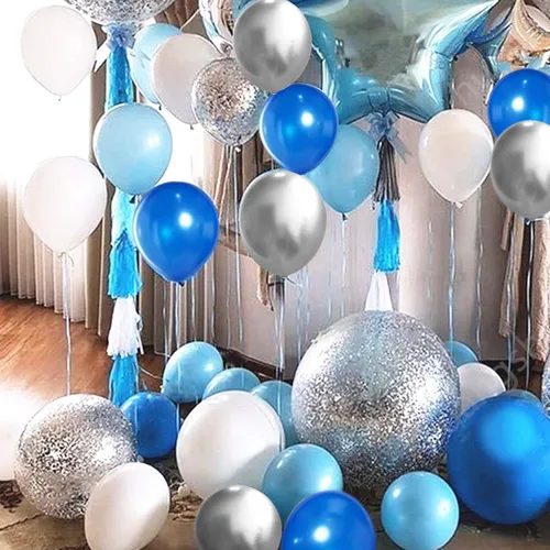 Miniatura 3 de OuMuaMua Kit de 62 globos de confeti azul, plateado y blanco, globos blancos de 12 pulgadas, globos plateados metálicos, globos de confeti plateado