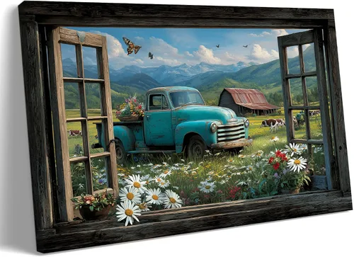 Miniatura 42 de Decoración rústica de granja en lienzo con ventana abierta, impresiones artísticas para pared, pintura de camión viejo, lienzo de granero y bandera