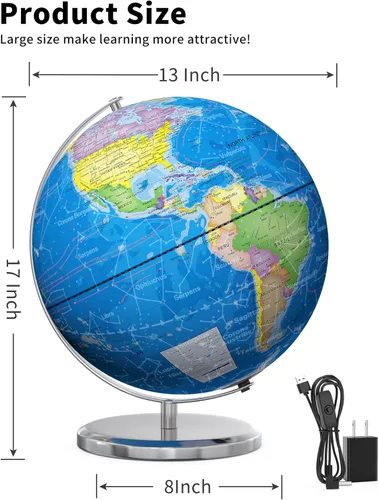 Miniatura 2 de SOUNDANCE Globo del mundo de 13 pulgadas con base estable de metal pesado, globo educativo para el aprendizaje de los niños, lámpara de globos