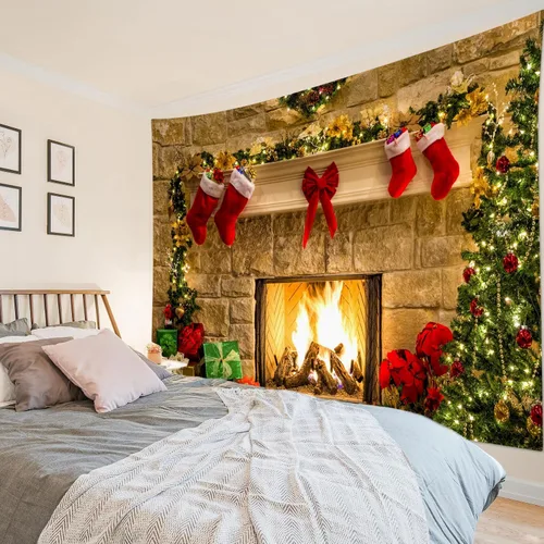 Miniatura 2 de HVEST Tapiz de Navidad para dormitorio, árbol de Navidad y calcetín de Navidad, chimenea, decoración de pared, tapiz grande para colgar en la pared