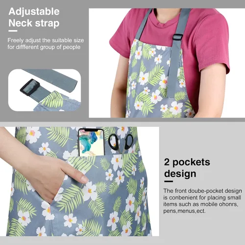 Miniatura 5 de BOUMUSOE Paquete de 3 delantales florales con bolsillo, delantales para mujer, impermeables, ajustables, para cocina, jardinería