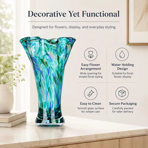 Miniatura 5 de Floreros de cristal aguamarina de 9.0 pulgadas de alto para flores, jarrón único de vidrio soplado a mano, decoración del hogar, jarrón de flores