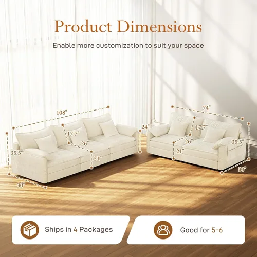 Miniatura 2 de Vesgantti 2 Piece Loveseat & 3 Seater Sofa Set, Modular Cloud Couch, Beige
