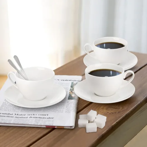 Miniatura 5 de Foraineam Tazas de café expreso con platillos y cucharas, juego de tazas de té blanco de 6 onzas, juego de taza de café de porcelana y platillo