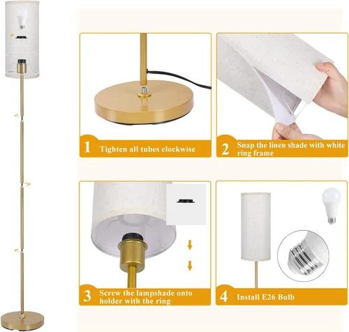 Miniatura 5 de Boostarea - Lámpara de pie para sala de estar con bombilla de 3 temperaturas de color, lámparas de pie industriales, lámpara alta clásica dorada