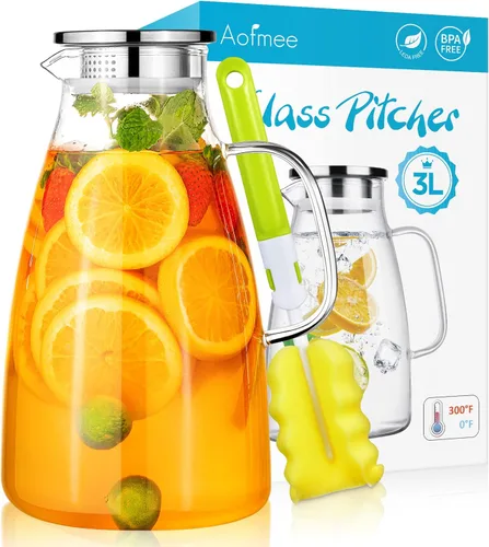 Aofmee - Jarra de vidrio de 100 onzas, 3L con tapa, jarra de té helado con tapa y caño de acero inoxidable 304, jarra resistente al calor para té