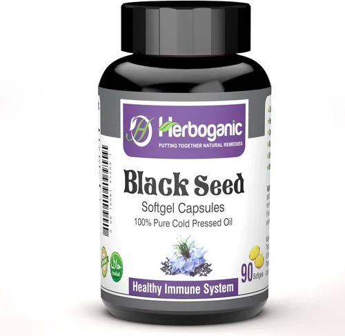 HERBOGANIC Cápsulas blandas de aceite negro prensado en frío, 90 unidades, mezcladas con otros productos herbarios, apoya la salud general y la