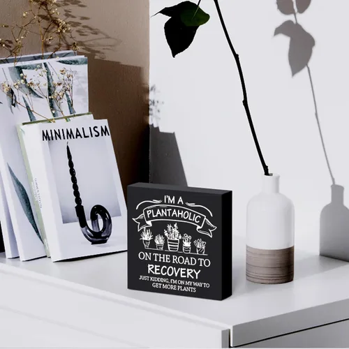 Miniatura 5 de Cartel de madera con texto en inglés "I'm a Plantaholic on the Road to Recovery", caja de madera con texto en inglés "I'm a Plantaholic on the Road