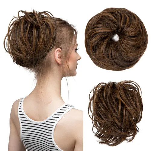 Miniatura 31 de CJL HAIR - Extensión de cabello tipo coletero de chongo desordenado, rizado, sintético, con colas rectas, scrunchies para peinados de moño