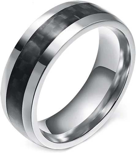 Anillos de acero inoxidable negros para hombres, alianzas de boda para hombre, color plateado y negro, 0.315 in con incrustaciones de fibra de