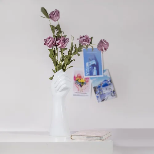 Miniatura 5 de Jarrón de mano de cerámica de cuerpo humano, con forma de brazo, pequeño jarrón moderno estético decorativo de cerámica blanca para decoración