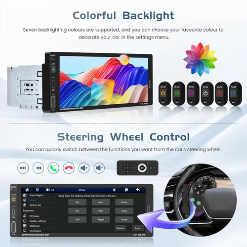 Miniatura 5 de Radio de coche de un solo DIN estéreo con Apple Carplay Android Auto, pantalla táctil HD de 6.9 pulgadas, receptor Bluetooth, enlace de espejo