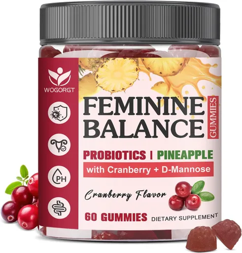 Gomitas de equilibrio femenino para mujer, salud vaginal, apoyo al equilibrio del pH, gomitas probióticas de piña para mujeres con extracto de